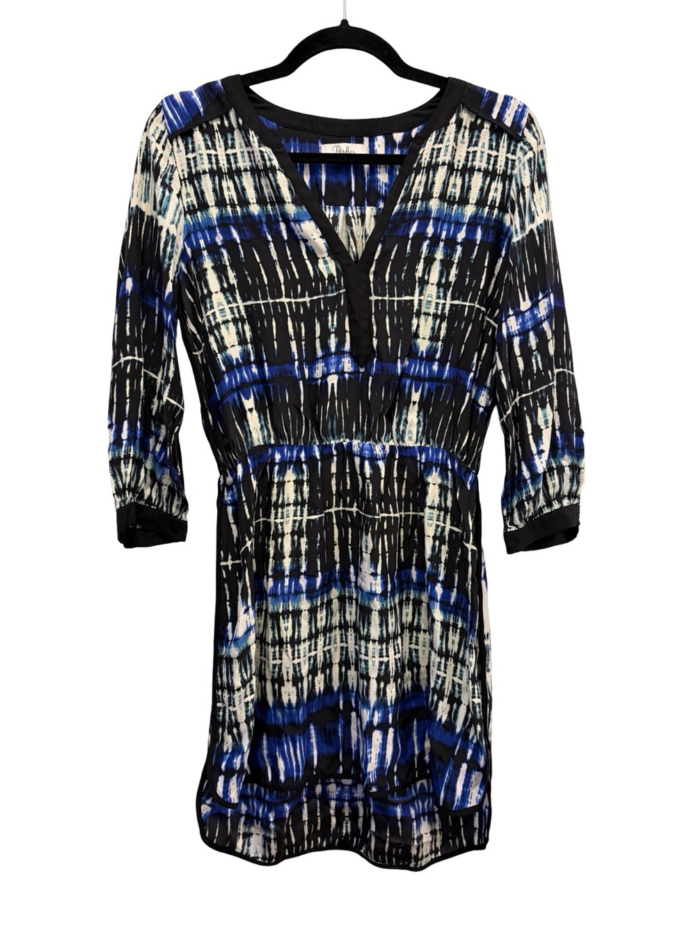 Parker 100% Silk Blue Black Abstract 3/4 Sleeve Faux Wrap Dress Women's S